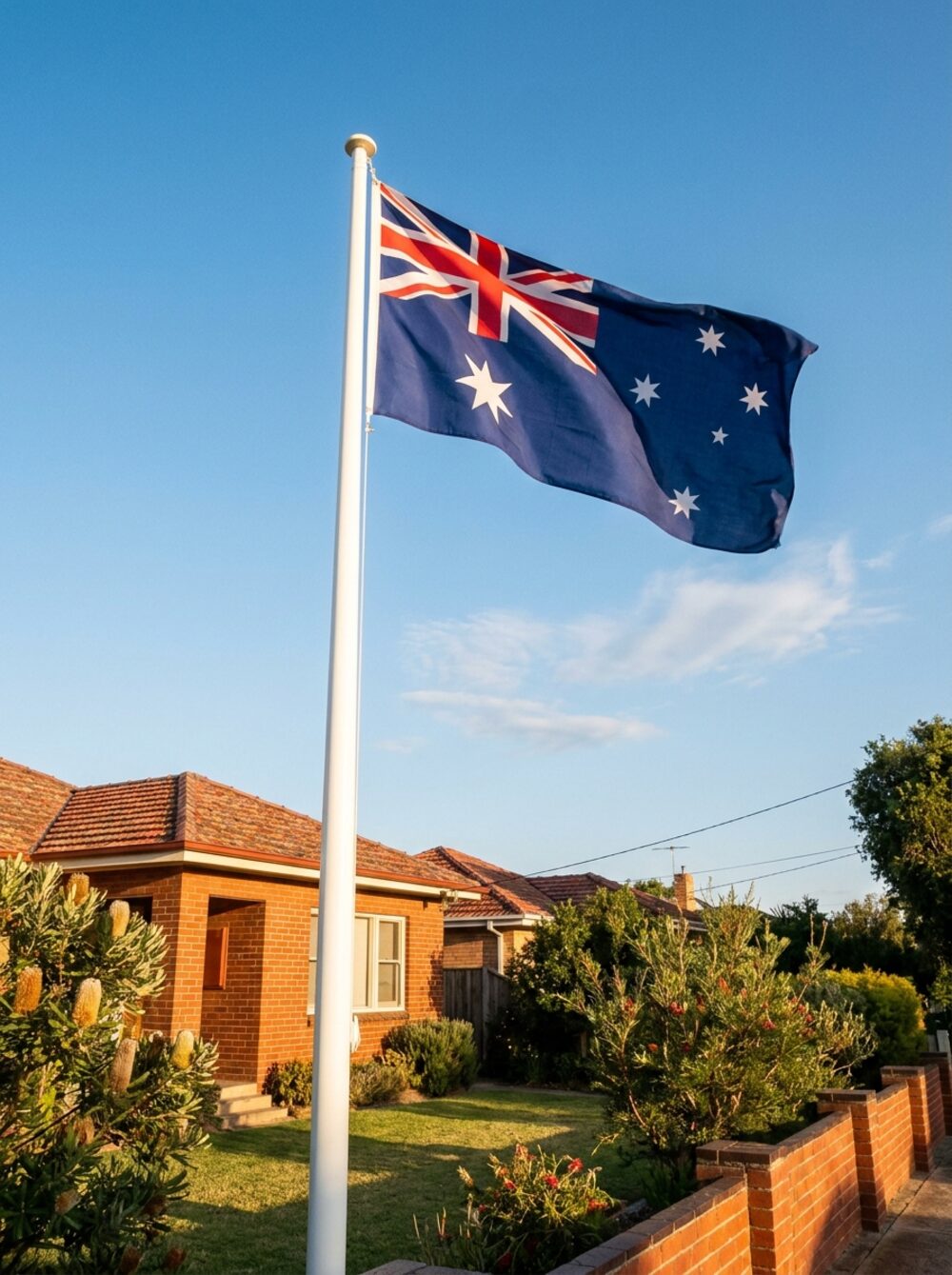 The Australian flag flying on a white residential flagpole in a suburban front garden