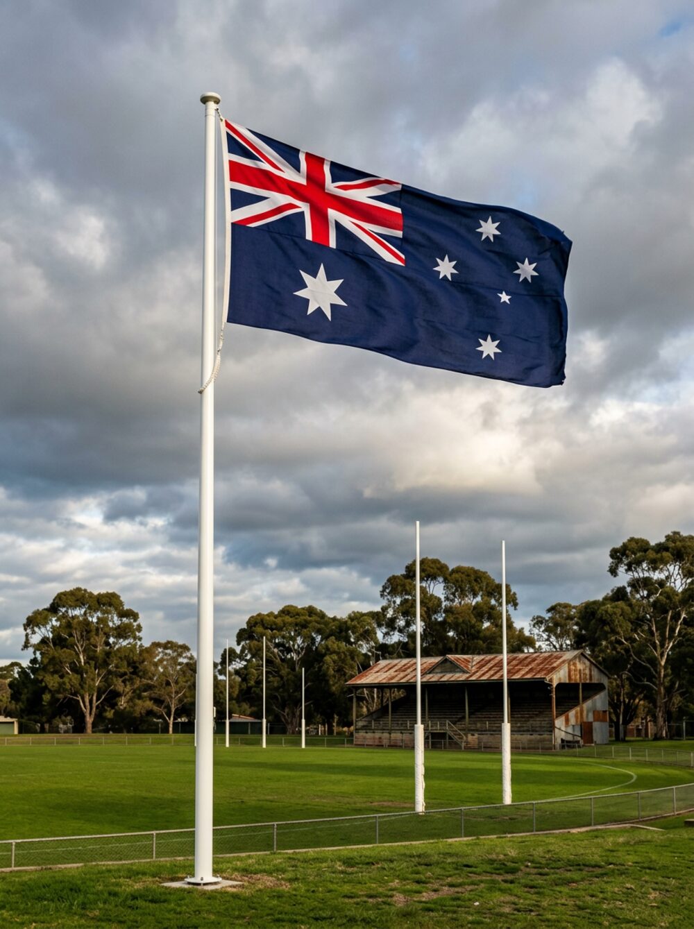 A white flagpole flying the Australian flag beside goal posts at a football ground